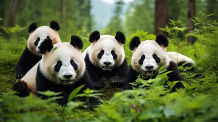 Group of giant pandas close-up on green grass