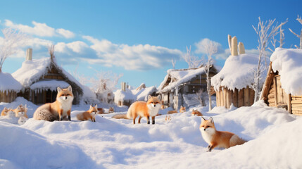 Winter season Zao fox village Japan in Clear sky in paper art and craft design concept. Created using generative AI.
