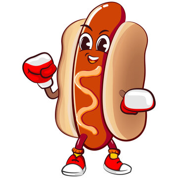 recommend clip art: cute happy hot dog mascot practicing boxing wearing boxing gloves. Isolated vector flat cartoon character illustration design