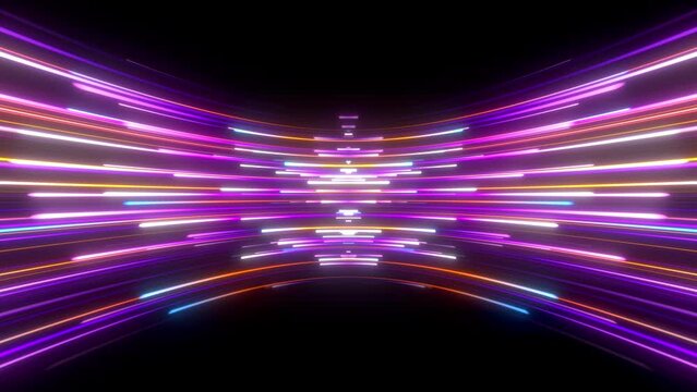 Moving laser beams. Abstract background in blue, yellow and purple neon glow colors. Dynamic background for event, party, carnival, celebration, anniversary or other. Seamless loop animation.
