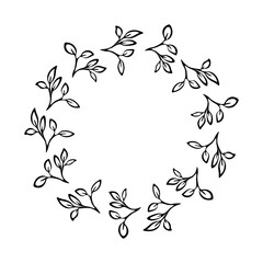 Fototapeta premium Floral pattern simple leaves circle wreath for card or invite, hand drawn vector illustration