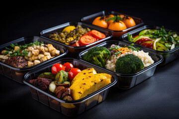 Prepared food for healthy nutrition in lunch boxes. Catering service for balanced diet. Takeaway food delivery in restaurant. Containers with everyday meals