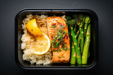 Rice with grilled salmon and asparagus in container. Prepared food for healthy nutrition in lunch box. Catering service for balanced diet.