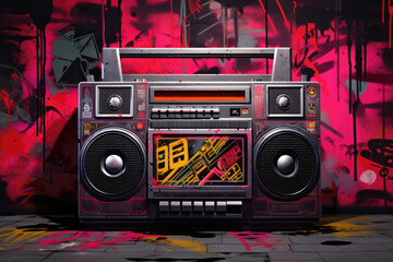 Retro style cassette tape recorder on the street with graffiti. Street dancing using boombox. Youth subculture in the style of 1980s - obrazy, fototapety, plakaty