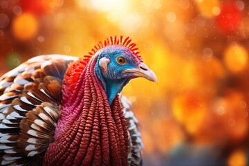 Obraz premium Colorful Thanksgiving Gobble on a Dazzling Vivid Lights Backdrop with Bokeh, Festive Background with Copy Space for Display or Mockup