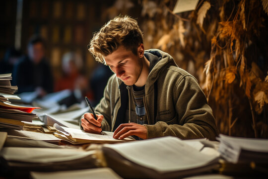 photo of a student studying diligently with textbooks and notes, preparing for the upcoming test