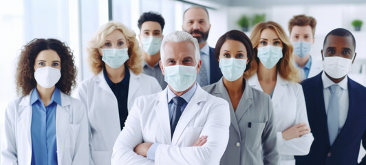 Fototapeta na wymiar Group of doctors with face masks of multi-ethnic experts, symbolizing diversity and inclusion, Research team working as a team to fight the virus, Insurance concept Healthcare and medical