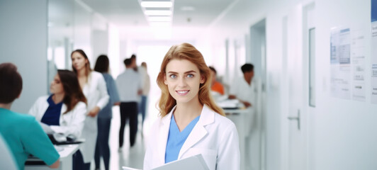 Fototapeta premium Group of doctors with face masks of multi-ethnic experts, symbolizing diversity and inclusion, Research team working as a team to fight the virus, Insurance concept Healthcare and medical