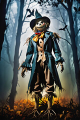 Fototapeta premium A scary scarecrow standing in a dark spooky forest.
