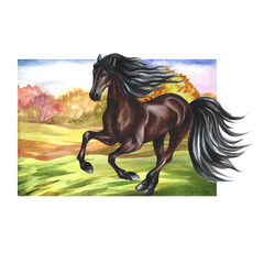 Obraz na płótnie Canvas Running brown horse against the backdrop of an autumn landscape. Hand watercolor. For printing, stickers and labels.