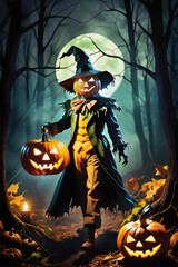 A scary scarecrow walking in a forest with a pumpkin shape lanten.