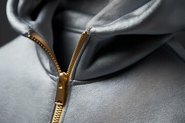 Hoodie zipper detail, product close-up, focus on metallic shine, soft lighting. generative AI