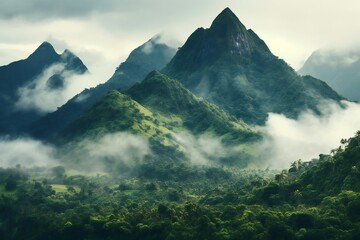 fog over the mountains sunset jungle Landscape valley morning 