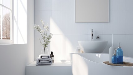 Interior of modern luxury scandi bathroom with white tile walls and window. White countertop with bowl-shaped sink and chrome faucet, rectangular mirror. Contemporary home design. 3D rendering.