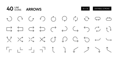 Arrows vector icon. Editable stroke outline arrow icon collection. Arrows rotating, refresh, reload, return, shuffle, direction. Pixel perfect. 32 x 32 Grid base.