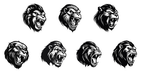 set of black and white gorilla head roaring logo. isolated on a transparent background. eps 10