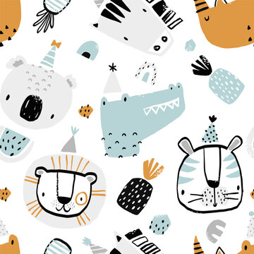Vector pattern with cute African animals. Koala, crocodile, lion, rhino, tiger, zebra in festive hats, rainbows and fruits. Holiday, Children's birthday, postcard, invitation, baby shower.