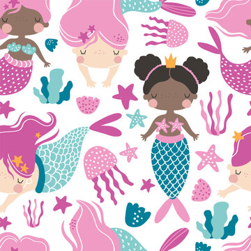 Vector seamless pattern with cute mermaid girls and underwater elements. Ocean, sea. Princess mermaid. Creative kids texture for fabric, wrapping, textile, wallpaper.