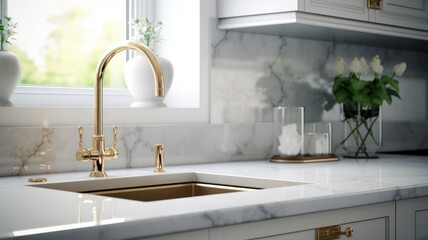 Fragment of a modern classic luxury kitchen with window. White marble countertop with built-in sink, curved gold faucet, white cabinets, flowers in a vase. Contemporary interior design. 3D rendering.