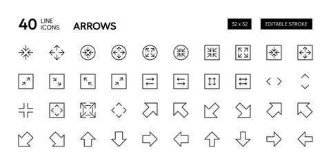 Zoom, direction, scale icon.  Interface arrow editable stroke outline icons. Pixel Perfect. 32x32 grid base.