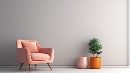 Fragment of modern minimalist living room in pastel orange, pink and gray tones. Trendy armchair, decorative vase, houseplant in a floor pot. Creative interior design. Mockup, 3D rendering.
