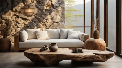 Interior of modern cozy living room with rustic decor in luxury villa. Stylish comfortable sofa, rough wooden coffee table, decorative stone wall, panoramic window. Eco home design. 3D rendering.