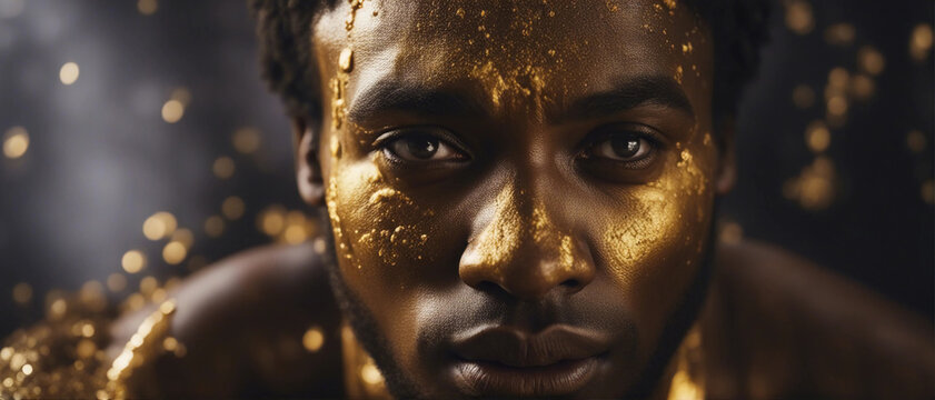 The African is covered with golden paint. Generative AI.