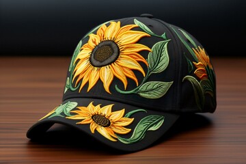 Sunflower Adorned Black Cap: A Crafted Accessory, Generative AI