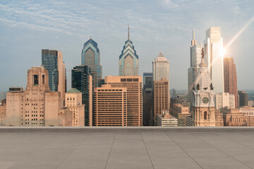 Skyscrapers Cityscape Downtown, Philladelphia Skyline Buildings. Beautiful Real Estate. Sunrise....