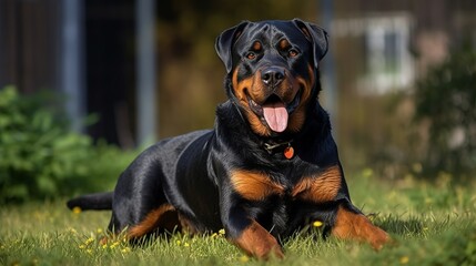 playful rottweiler on the grass, at the park, in the yard