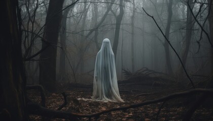 Photo of a mysterious figure standing alone in a haunting forest