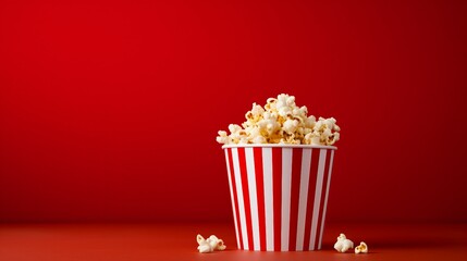 Red and white popcorn bucket with popcorn empty background, place for text, dark red  background