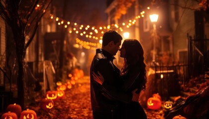 Photo of a couple posing in a pumpkin patch