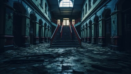 Photo of a mysterious and vibrant red staircase leading up to a window in a dimly lit hallway