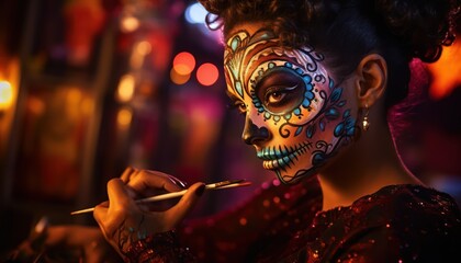 Photo of a woman with a skull-like face painting smoking a cigarette - obrazy, fototapety, plakaty
