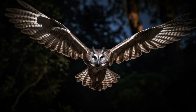 Photo of a majestic owl soaring through the moonlit night sky