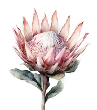 Watercolor protea flower isolated on white background. 