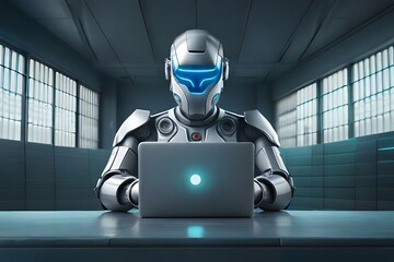 Robot AI takes over our work on the laptop, robotic, humanoid, future, Generative AI - obrazy, fototapety, plakaty