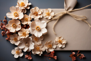 Horizontal background with handmade felt flowers and cardboard tag on canvas texture made with AI