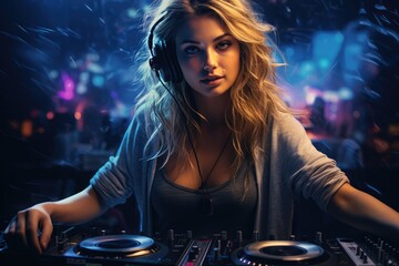 Fototapeta na wymiar Beautiful girl disc jockey at the turntable, DJ plays music in the club