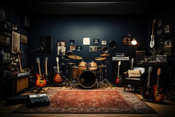 Rehearsal space for rock music band, drum set, guitars, amplifiers - obrazy, fototapety, plakaty