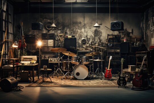 Rehearsal space for rock music band, drum set, guitars, amplifiers