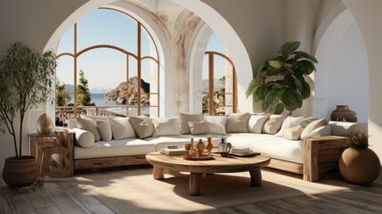 Fototapeta na wymiar Interior of elegant modern living room in luxury villa. Stylish sofa, wooden coffee table and side tables, houseplants, arch windows with beautiful garden view. Contemporary home design. 3D rendering.