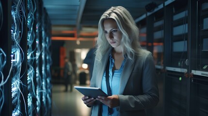 A woman, an employee of a technology company, stands with a tablet in the server room.