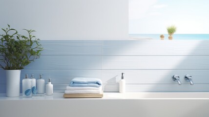 Fragment of modern luxury scandi bathroom with white walls and window. White countertop with built-in sink, chrome wall tap, bottles with cosmetics, towels. Contemporary home design. 3D rendering.