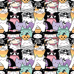 Seamless pattern of kawaii cute cat costume for Halloween. Cartoon Animals Character Background, Vector Illustration. Design for scrapbooking, baby clothing, cards, paper goods, fabric and more