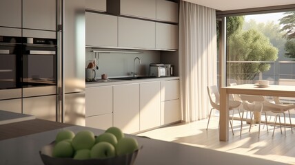Modern minimalist kitchen interior. Gray flat facades, stone countertop, built-in home appliances, big fridge. Dining area, panoramic window with garden view. Contemporary home design. 3D rendering.