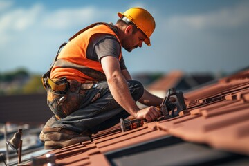construction worker on the roof working close up