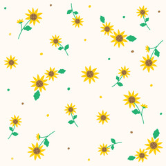Cute Doodle Yellow Sunflower Flower Element with Leaves Floral Ditsy Leaf Polkadot Dot Confetti. Abstract Organic Shape Hand Drawn Hand Drawing Cartoon. Color Seamless Pattern Yellow Background.