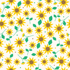 Cute Doodle Yellow Sunflower Flower Element with Leaves Floral Ditsy Leaf Polkadot Dot Confetti. Abstract Organic Shape Hand Drawn Hand Drawing Cartoon. Color Seamless Pattern Yellow Background.